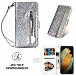 Samsung S21 Ultra Glitter Hoesje Met Pasjeshouder Bookcase Zilver