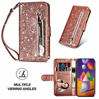 Samsung M31s Glitter Hoesje Met Pasjeshouder Bookcase Rose Goud