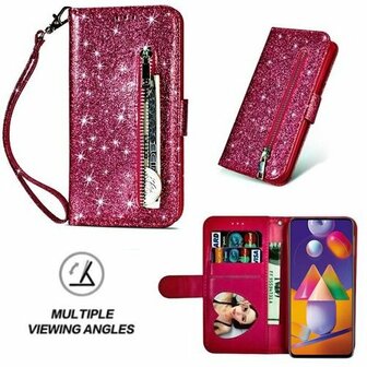 Samsung M31s Glitter Hoesje Met Pasjeshouder Bookcase Roze