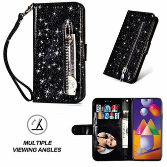 Samsung M31s Glitter Hoesje Met Pasjeshouder Bookcase Zwart