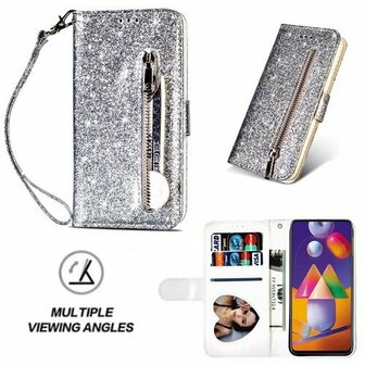 Samsung M31s Glitter Hoesje Met Pasjeshouder Bookcase Zilver