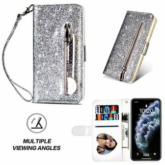 iPhone 11 Pro Max Glitter Hoesje Met Pasjeshouder Bookcase Zilver