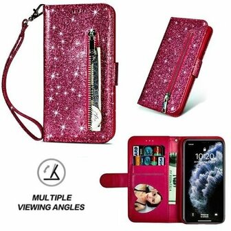 iPhone 11 Pro Max Glitter Hoesje Met Pasjeshouder Bookcase Roze