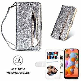 Samsung A11 Glitter Hoesje Met Pasjeshouder Bookcase Zilver