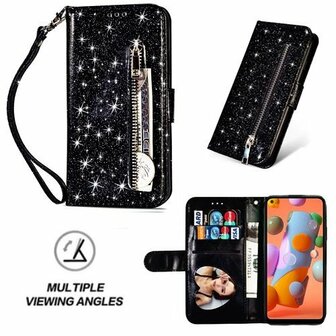 Samsung A11 Glitter Hoesje Met Pasjeshouder Bookcase Zwart