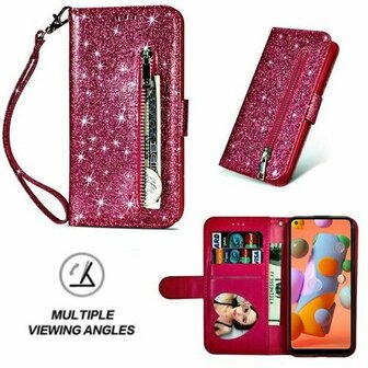 Samsung A11 Glitter Hoesje Met Pasjeshouder Bookcase Roze