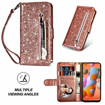 Samsung A11 Glitter Hoesje Met Pasjeshouder Bookcase Rose Goud