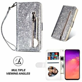 Samsung S10e Glitter Hoesje Met Pasjeshouder Bookcase Zilver