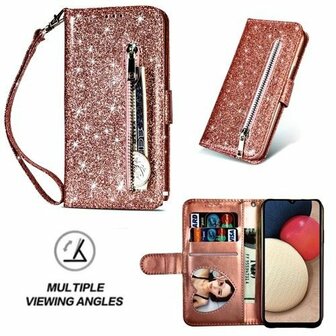 Samsung A02s Glitter Hoesje Met Pasjeshouder Bookcase Rose Goud