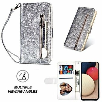 Samsung A02s Glitter Hoesje Met Pasjeshouder Bookcase Zilver