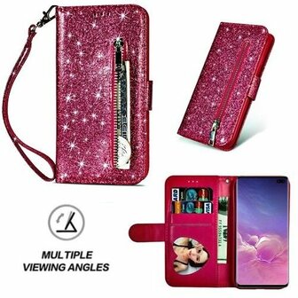 Samsung S10 Plus Glitter Hoesje Met Pasjeshouder Bookcase Roze