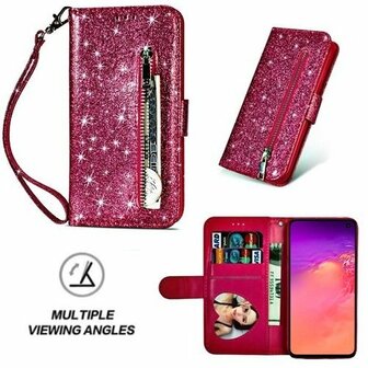Samsung S10e Glitter Hoesje Met Pasjeshouder Bookcase Roze