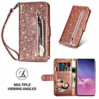 Samsung S10 Plus Glitter Hoesje Met Pasjeshouder Bookcase Rose Goud