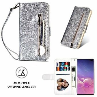 Samsung S10 Plus Glitter Hoesje Met Pasjeshouder Bookcase Zilver