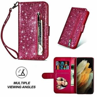 Samsung S21 Ultra Glitter Hoesje Met Pasjeshouder Bookcase Roze