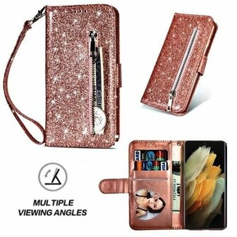 Samsung S21 Ultra Glitter Hoesje Met Pasjeshouder Bookcase Rose Goud