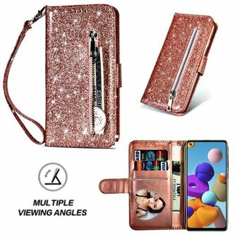 Samsung A21s Glitter Hoesje Met Pasjeshouder Bookcase Rose Goud