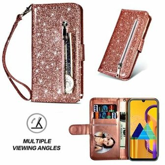Samsung M21 Glitter Hoesje Met Pasjeshouder Bookcase Rose Goud