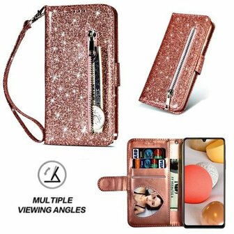 Samsung A42 Glitter Hoesje Met Pasjeshouder Bookcase Rose Goud