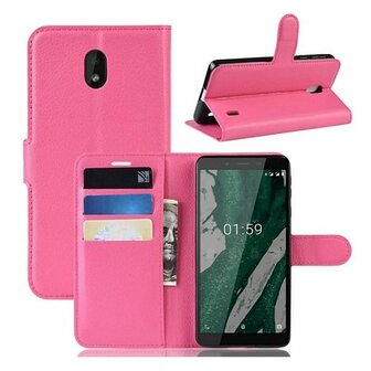 Nokia 1 Plus Hoesje Met Pasjeshouder Bookcase Roze