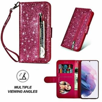 Samsung S21 Plus Glitter Hoesje Met Pasjeshouder Bookcase Roze