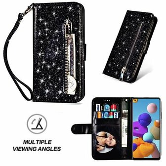 Samsung A21s Glitter Hoesje Met Pasjeshouder Bookcase Zwart