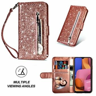 Samsung A20s Glitter Hoesje Met Pasjeshouder Bookcase Rose Goud