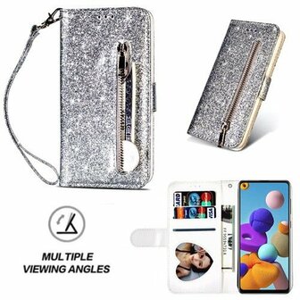 Samsung A21s Glitter Hoesje Met Pasjeshouder Bookcase Zilver