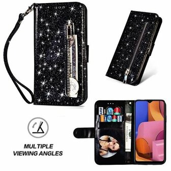 Samsung A20s Glitter Hoesje Met Pasjeshouder Bookcase Zwart