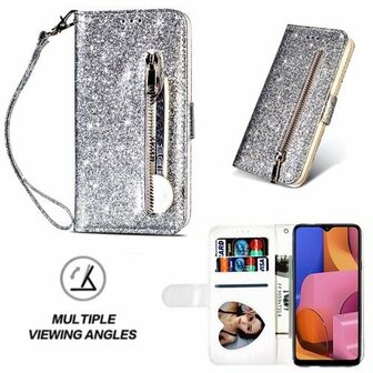 Samsung A20s Glitter Hoesje Met Pasjeshouder Bookcase Zilver