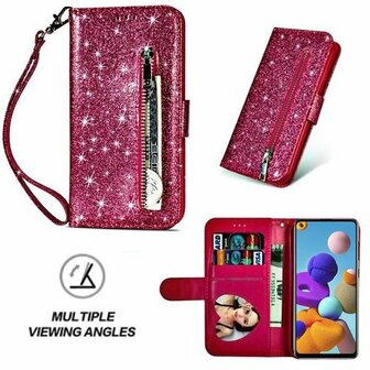 Samsung A21s Glitter Hoesje Met Pasjeshouder Bookcase Roze