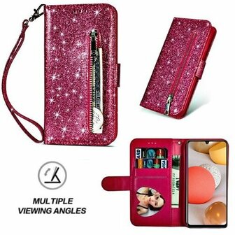 Samsung A42 Glitter Hoesje Met Pasjeshouder Bookcase Roze