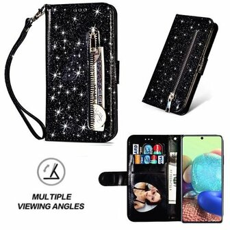 Samsung A71 Glitter Hoesje Met Pasjeshouder Bookcase Zwart