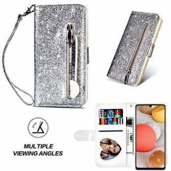 Samsung A42 Glitter Hoesje Met Pasjeshouder Bookcase Zilver