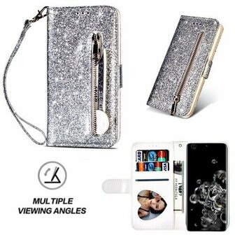 Samsung S20 Ultra Glitter Hoesje Met Pasjeshouder Bookcase Zilver