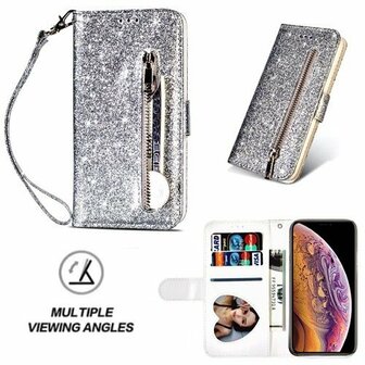 iPhone XS Glitter Hoesje Met Pasjeshouder Bookcase Zilver