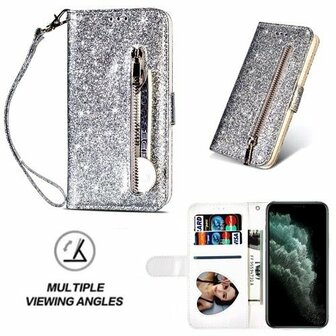 iPhone 11 Pro Glitter Hoesje Met Pasjeshouder Bookcase Zilver