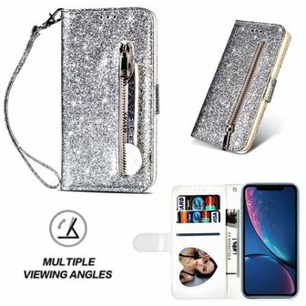 iPhone XR Glitter Hoesje Met Pasjeshouder Bookcase Zilver