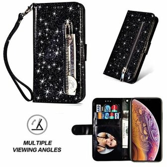 iPhone XS Glitter Hoesje Met Pasjeshouder Bookcase Zwart