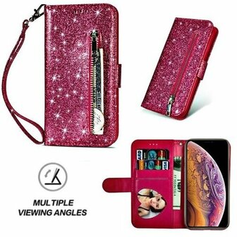 iPhone XS Glitter Hoesje Met Pasjeshouder Bookcase Roze