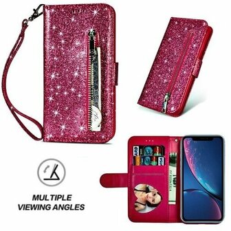 iPhone XR Glitter Hoesje Met Pasjeshouder Bookcase Roze