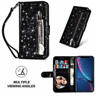 iPhone XR Glitter Hoesje Met Pasjeshouder Bookcase Zwart