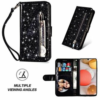Samsung A42 Glitter Hoesje Met Pasjeshouder Bookcase Zwart