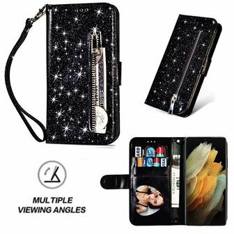 Samsung S21 Ultra Glitter Hoesje Met Pasjeshouder Bookcase Zwart