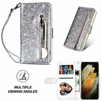 Samsung S21 Ultra Glitter Hoesje Met Pasjeshouder Bookcase Zilver