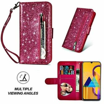 Samsung M21 Glitter Hoesje Met Pasjeshouder Bookcase Roze