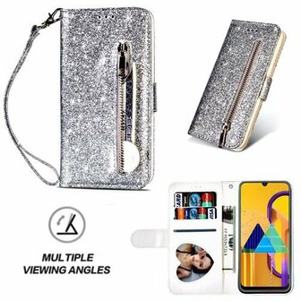 Samsung M21 Glitter Hoesje Met Pasjeshouder Bookcase Zilver