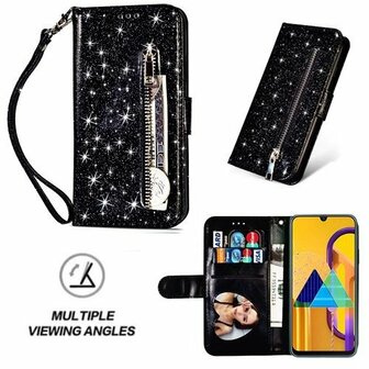 Samsung M21 Glitter Hoesje Met Pasjeshouder Bookcase Zwart
