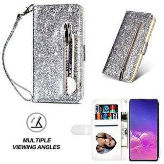 Samsung S10 Lite Glitter Hoesje Met Pasjeshouder Bookcase Zilver