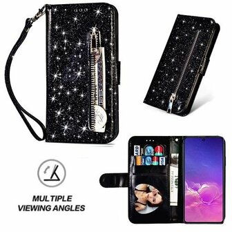 Samsung S10 Lite Glitter Hoesje Met Pasjeshouder Bookcase Zwart